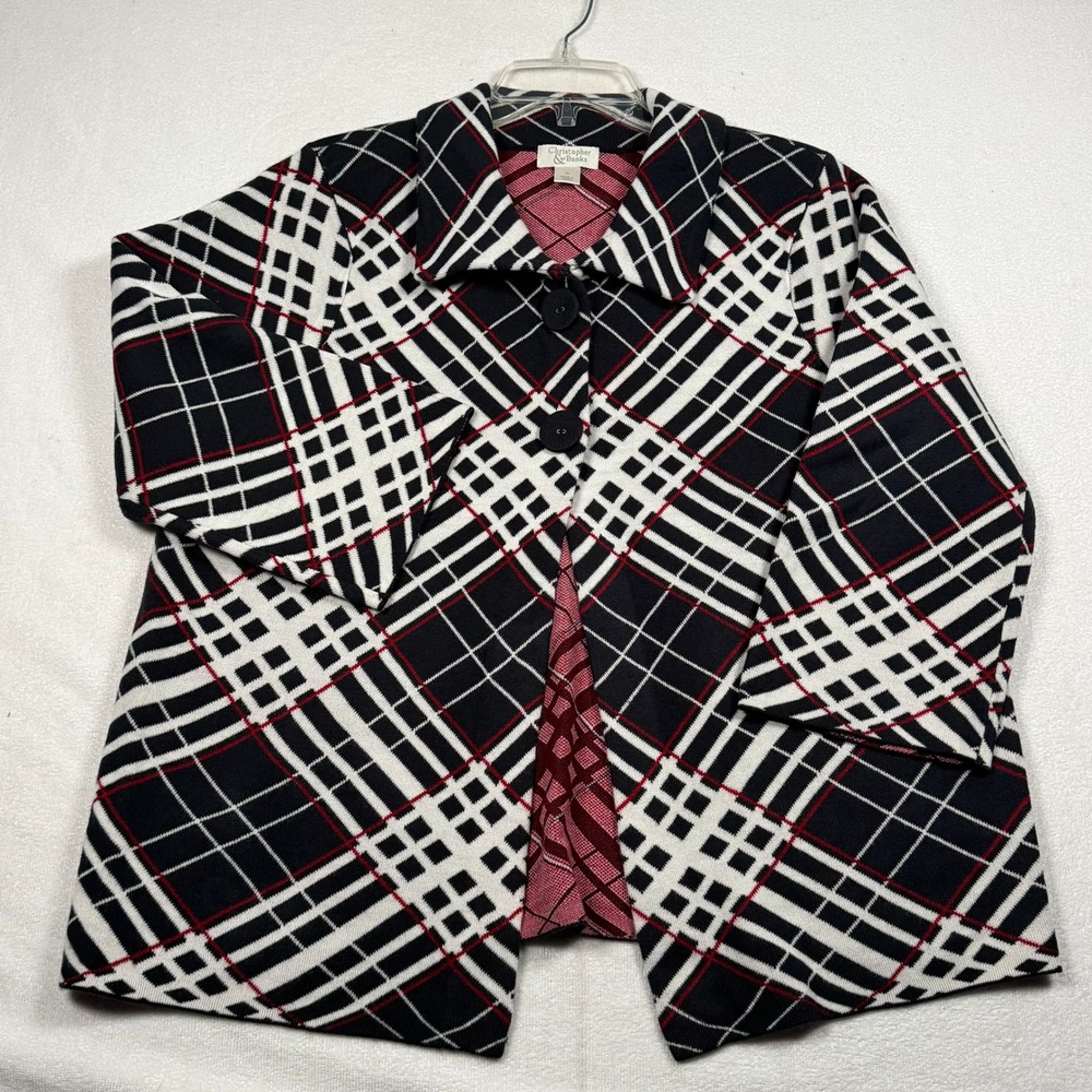 Navy White Red Plaid Snap Button Cardigan Sweater by Christopher & Banks XL